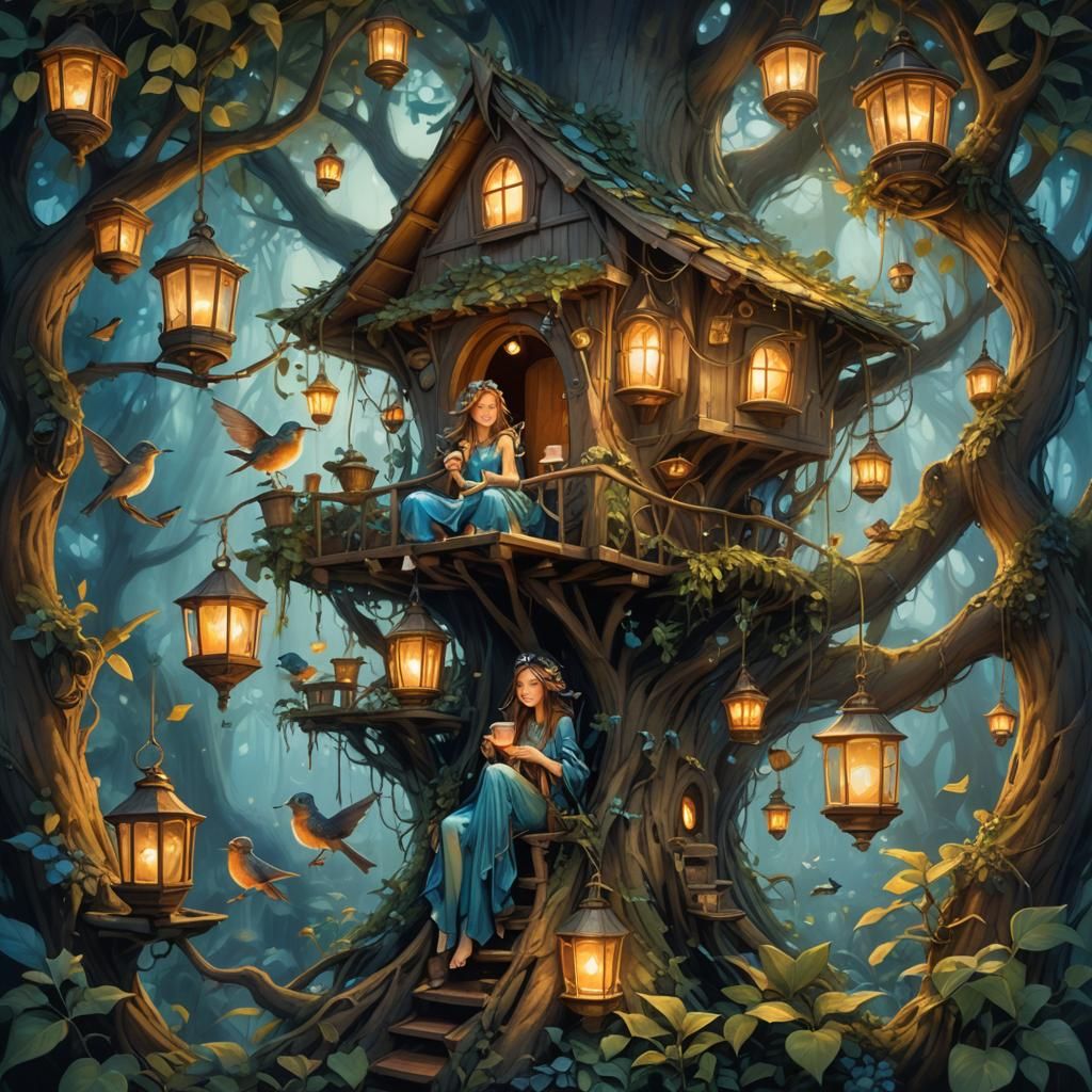 Whimsical Fairy Drinks Tea: Vibrant Oil Painting