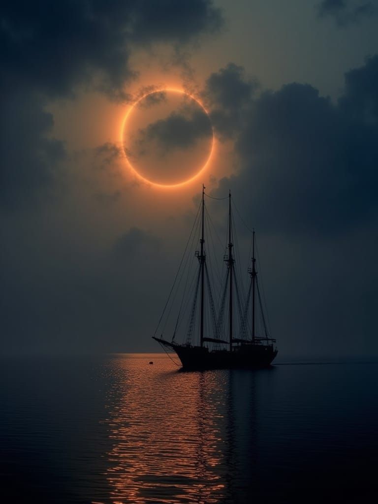 Dramatic Ship on Dark Water with Celestial Fire