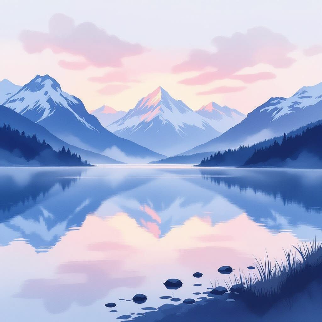 Dreamlike Lake and Mountains in Watercolor Style