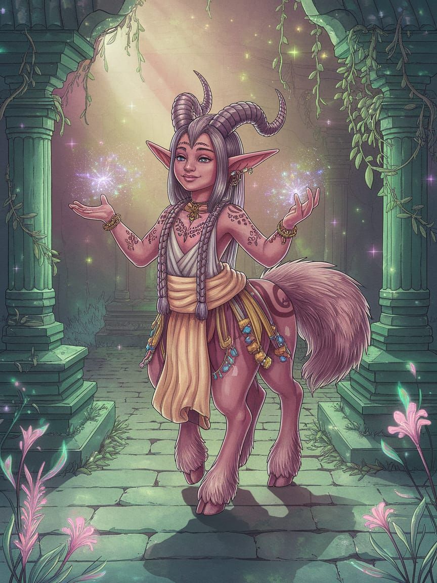Magical Creature in Ancient Temple, Watercolor Illustration