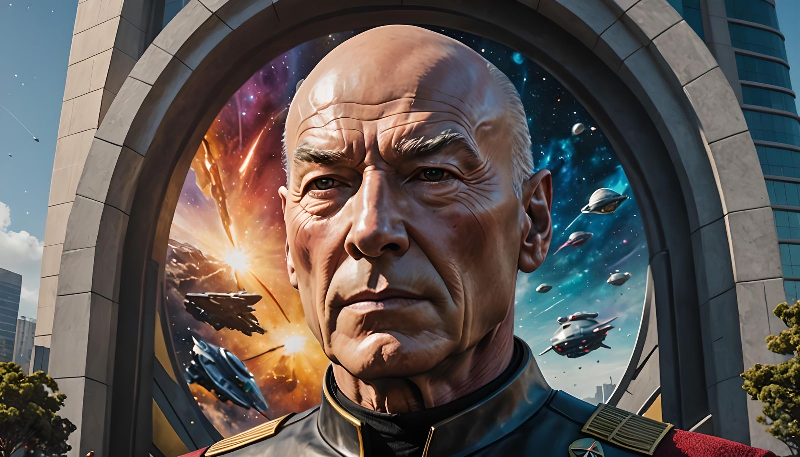 Hyperrealistic Picard Monument at Starfleet Command
