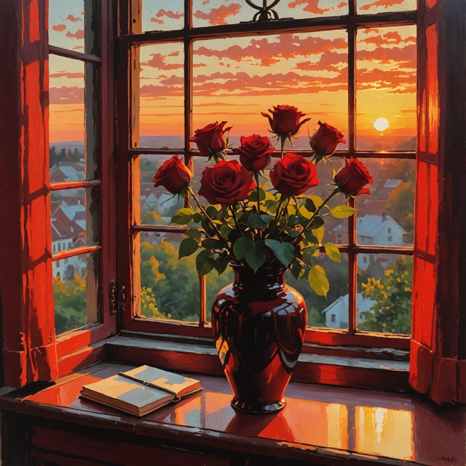 Expressionist Red Roses At Sunset