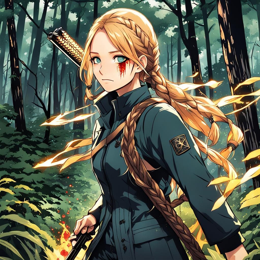 Blonde Girl Hunting in Forest, Anime Style