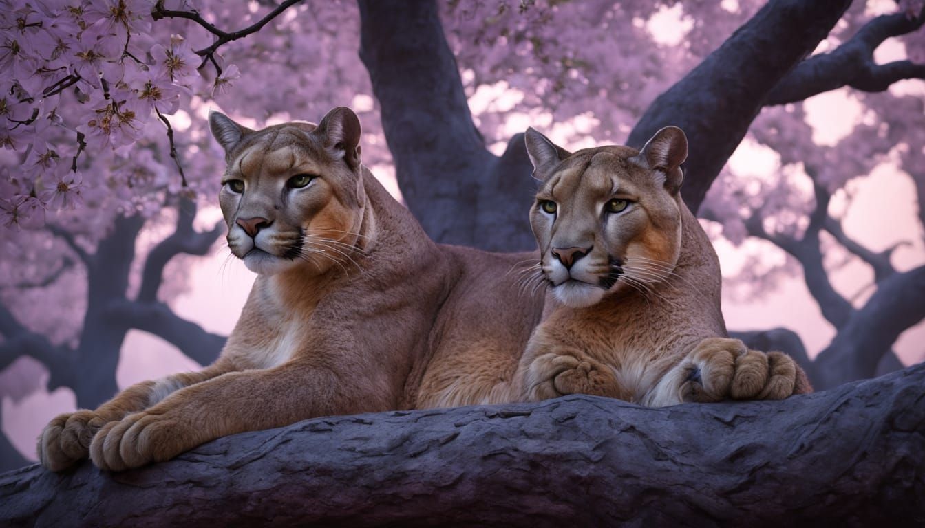 Celestial Puma Under Sakura Tree: Impasto Oil Painting