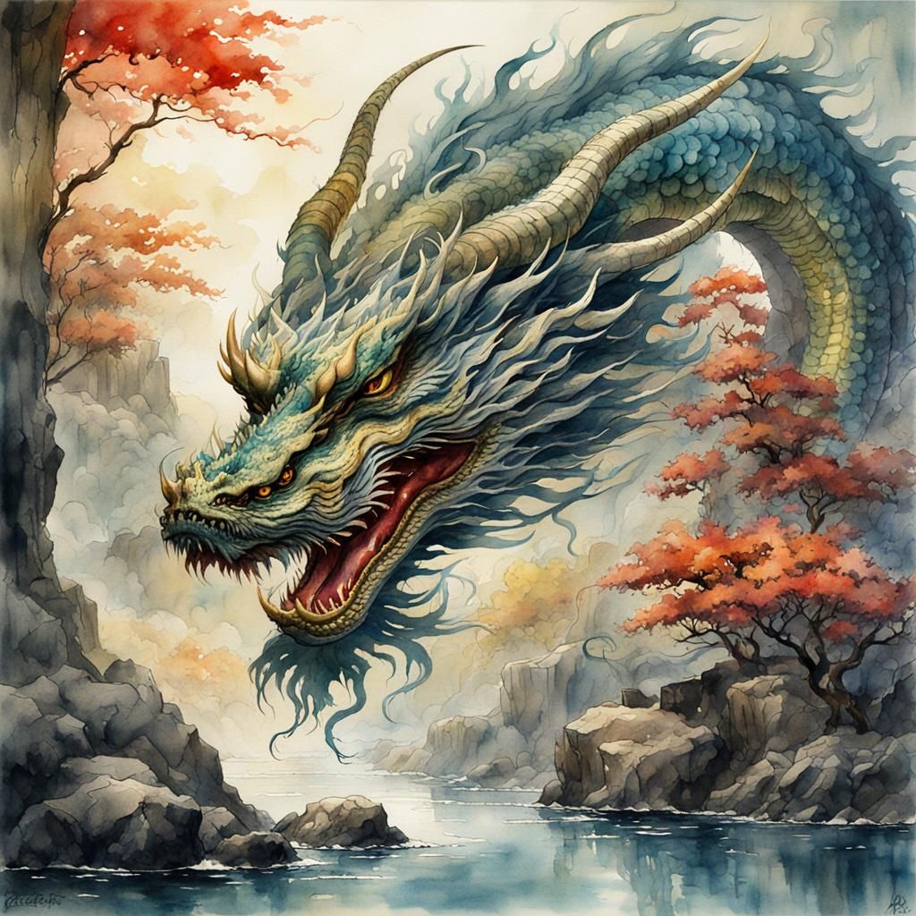 Ethereal Japanese Dragon Watercolor Painting