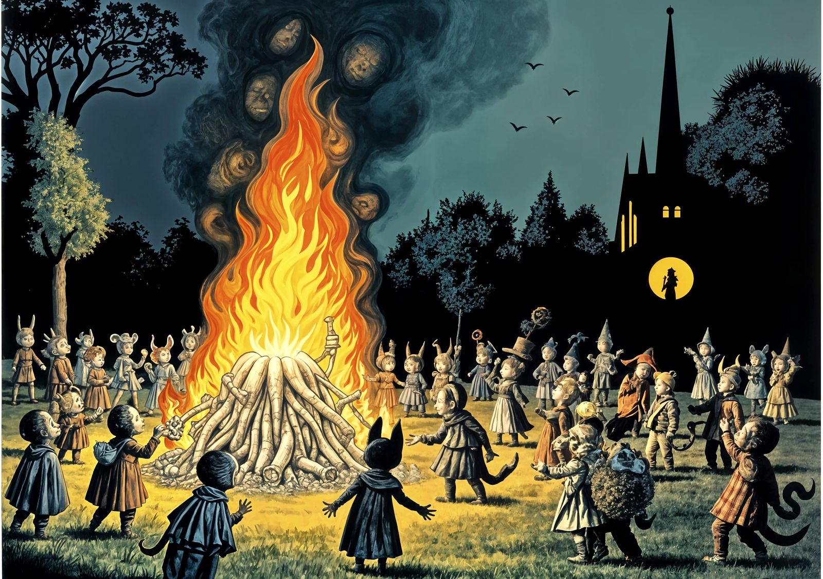 Spooky Samhain Celebration with Bonfire Illustration