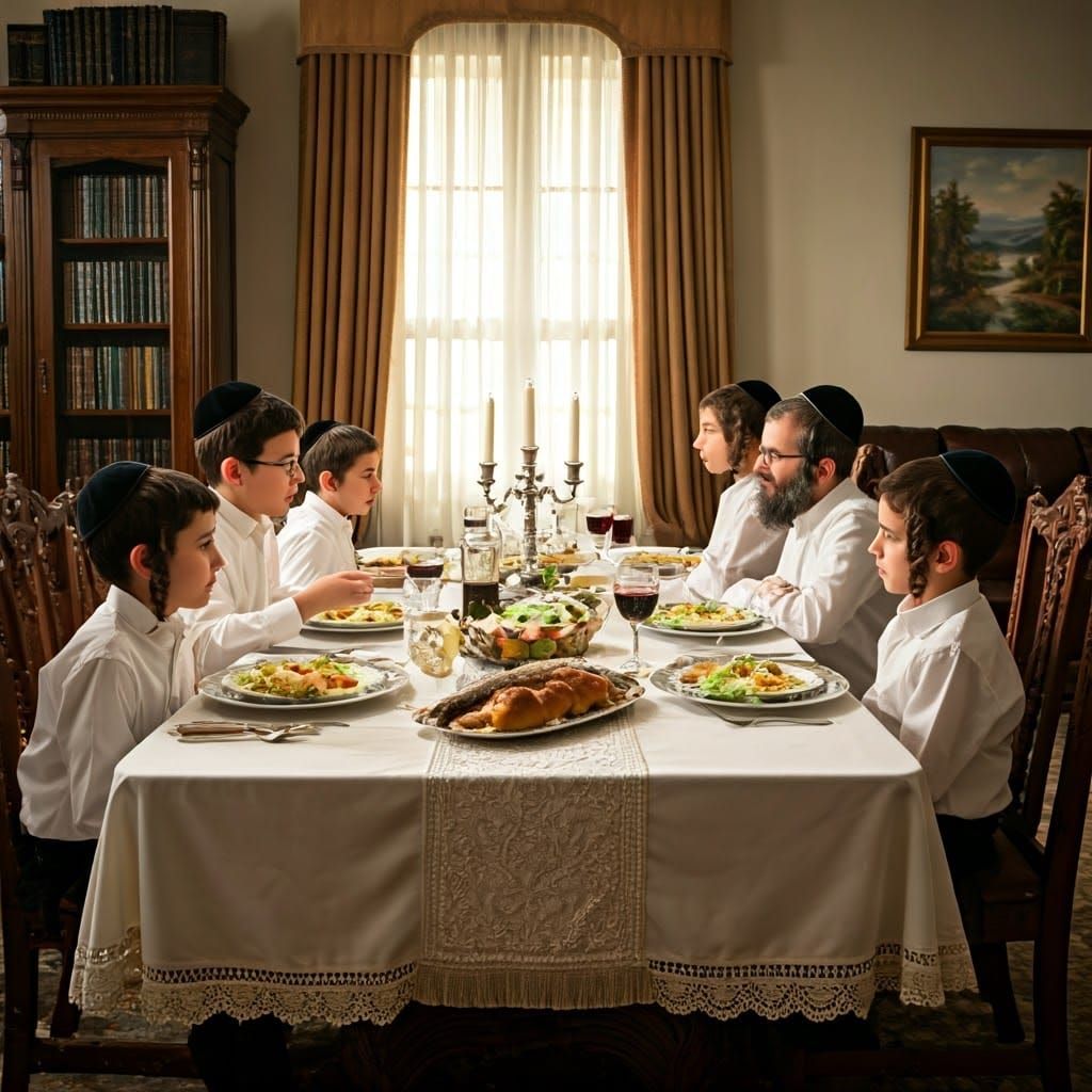 Shabbat Table with Ultra-Orthodox Jewish Family