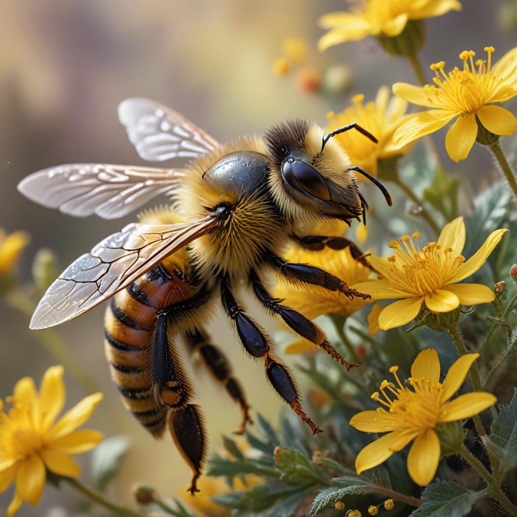 Vibrant Bee Collecting Pollen in a Delicate Floral Scene