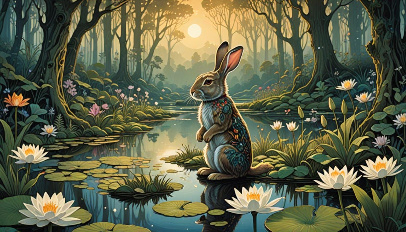 Whimsical Rabbit in Psychedelic Waistcoat on Lily Pad