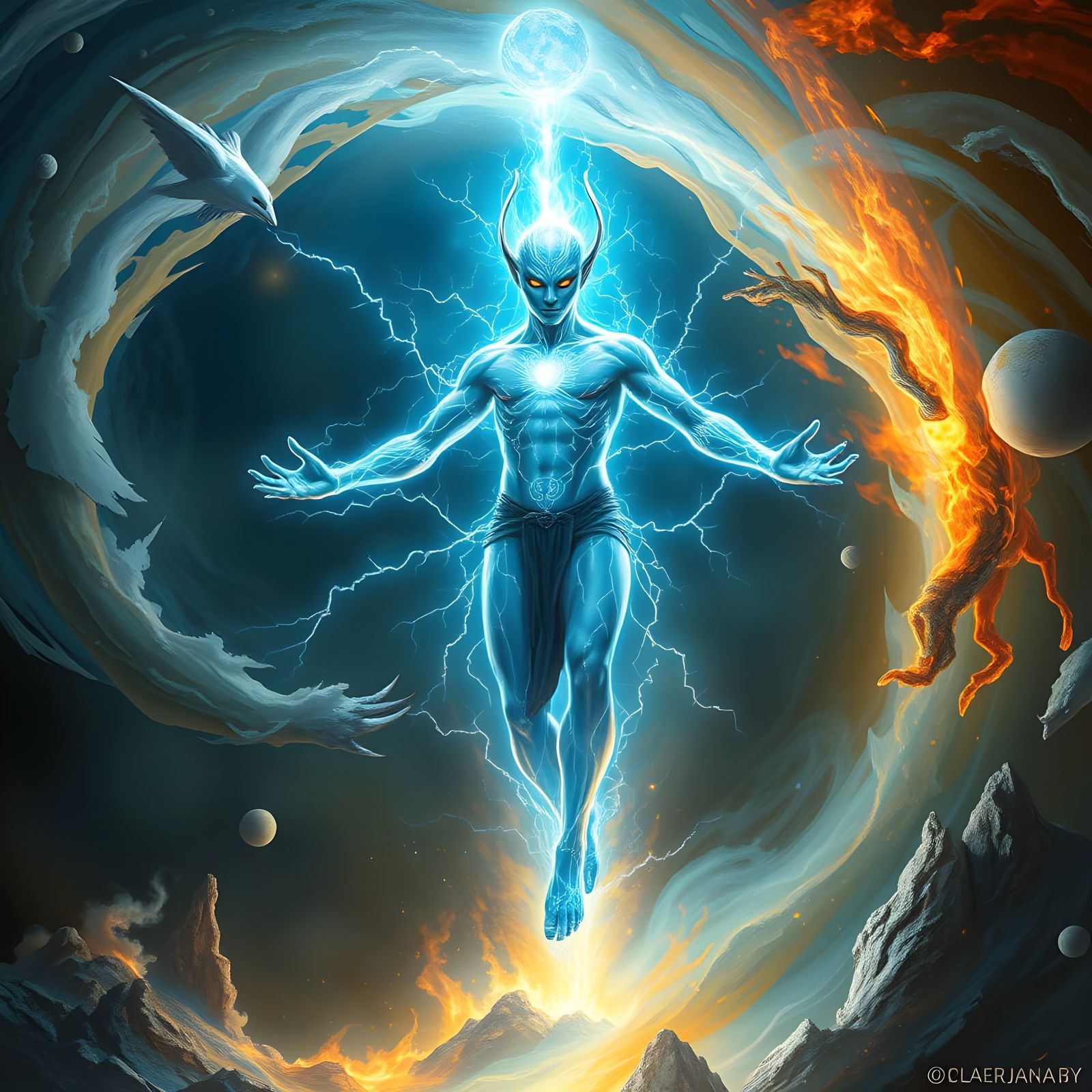 Avatar State Figure in Elemental Vortex Digital Painting
