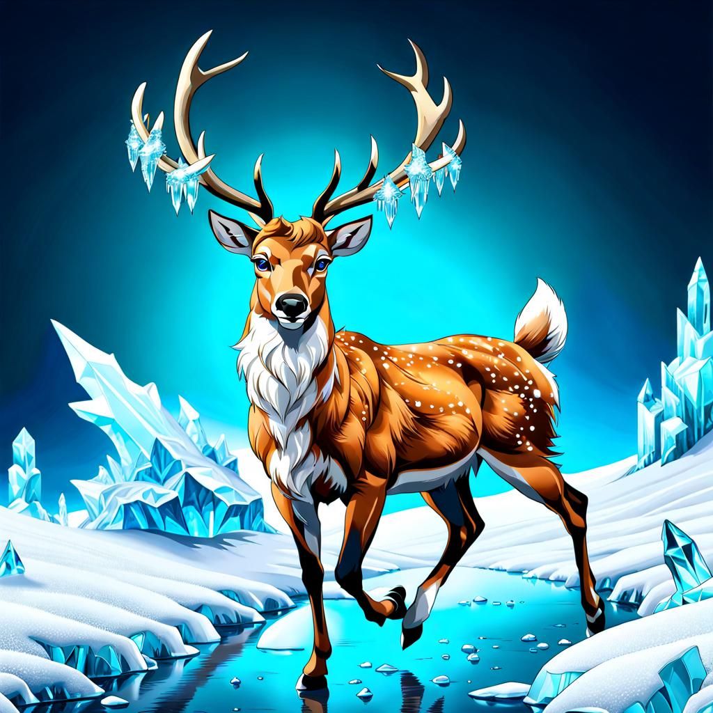 Reindeer Running in Winter Ice Land