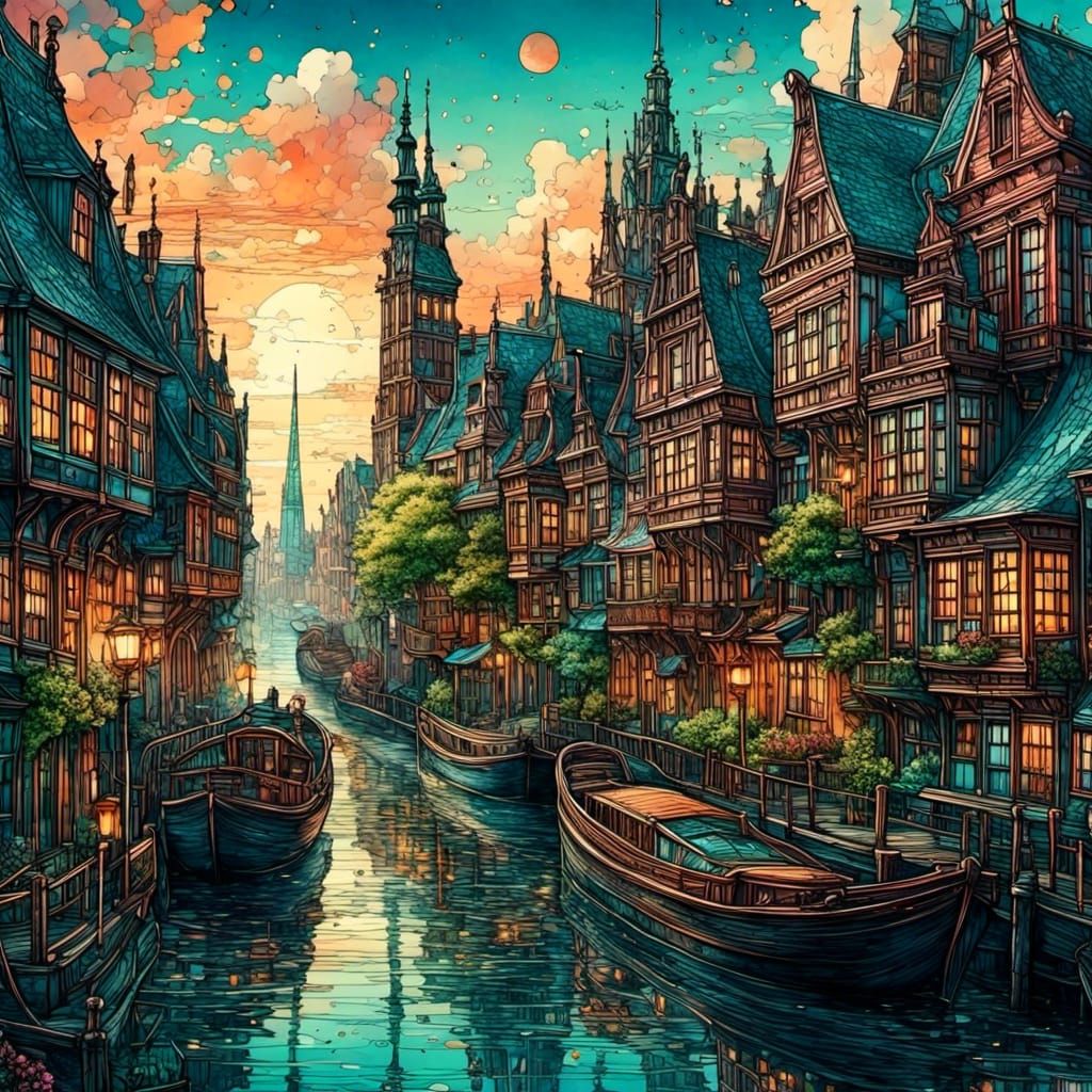 Amsterdam Canals: Detailed Line and Watercolor Painting