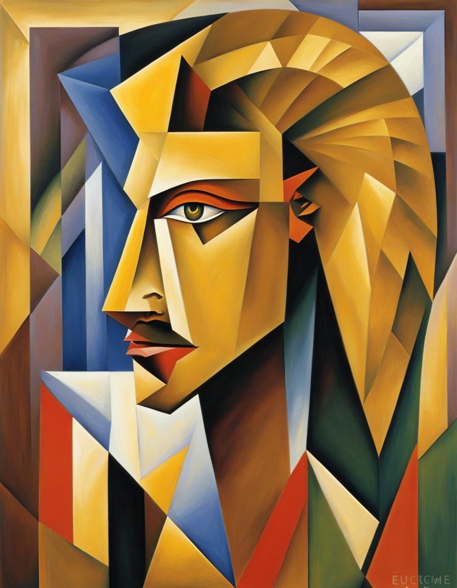 Man with Gold Lion Head in Cubist Style