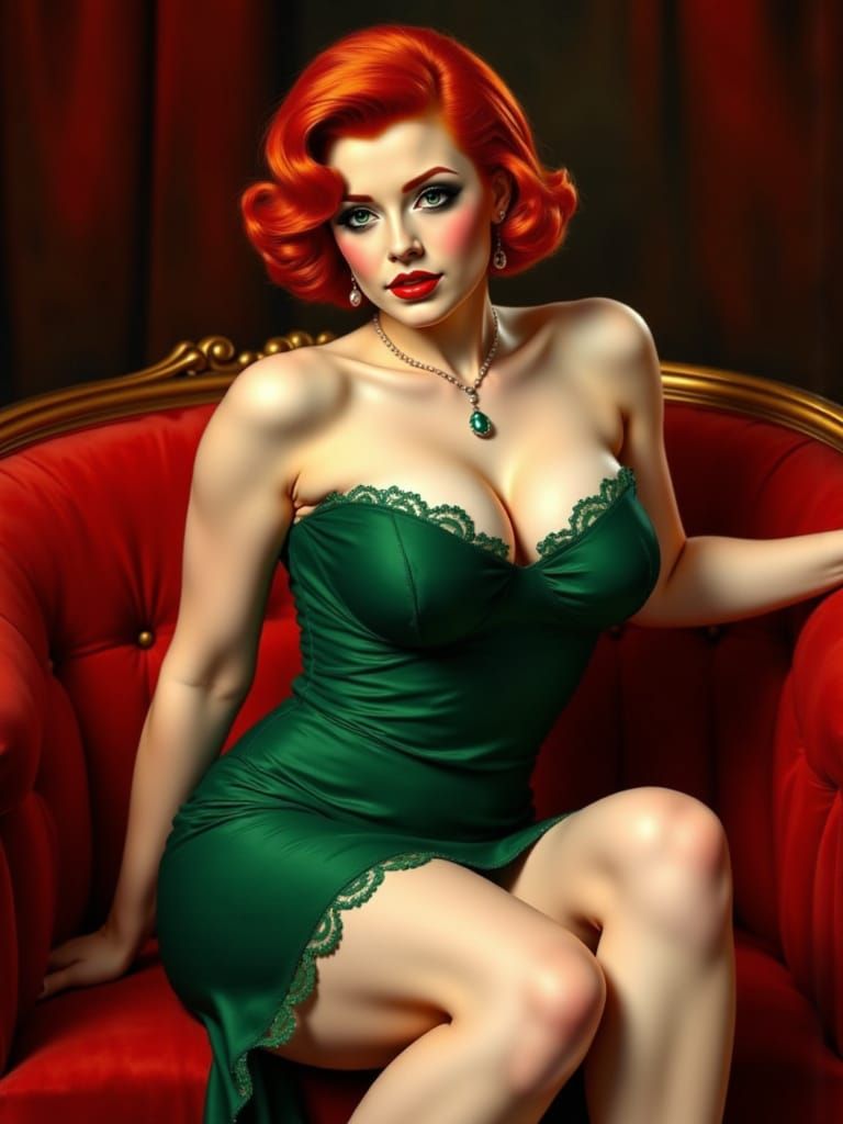 Pin-up Woman in Sparkly Green Dress on Velvet Couch