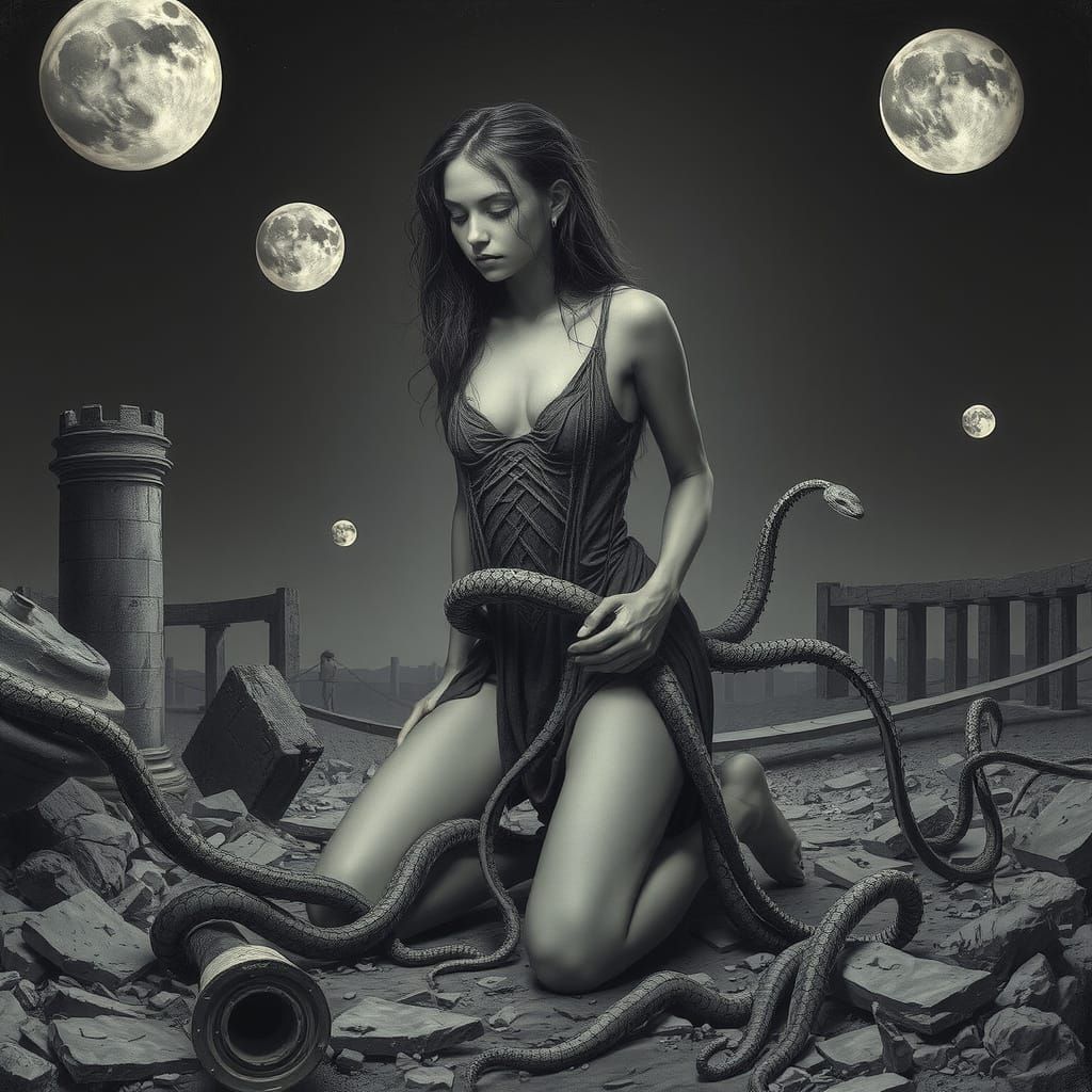 Biomechanical Fossilized Woman in Ruins