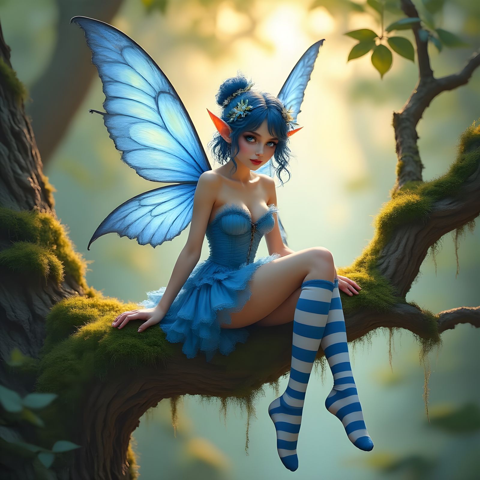 Blue Faerie with Striped Socks on Tree Branch