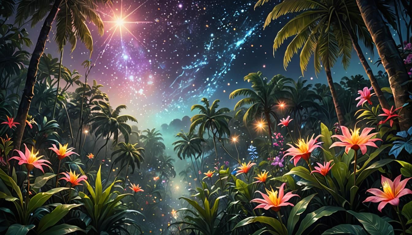 Star Streaking Across Midnight Jungle in Magical Realism