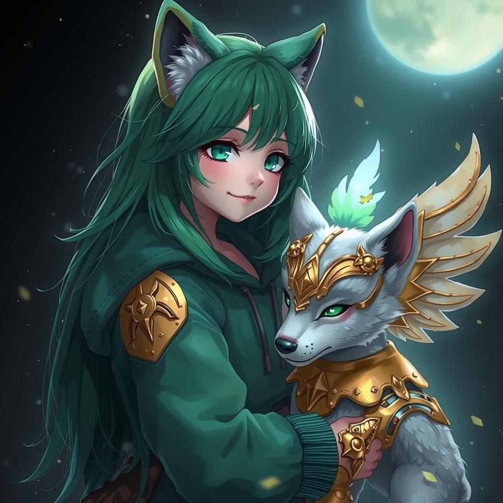 Girl with Wolf Features and Winged Wolf Pup