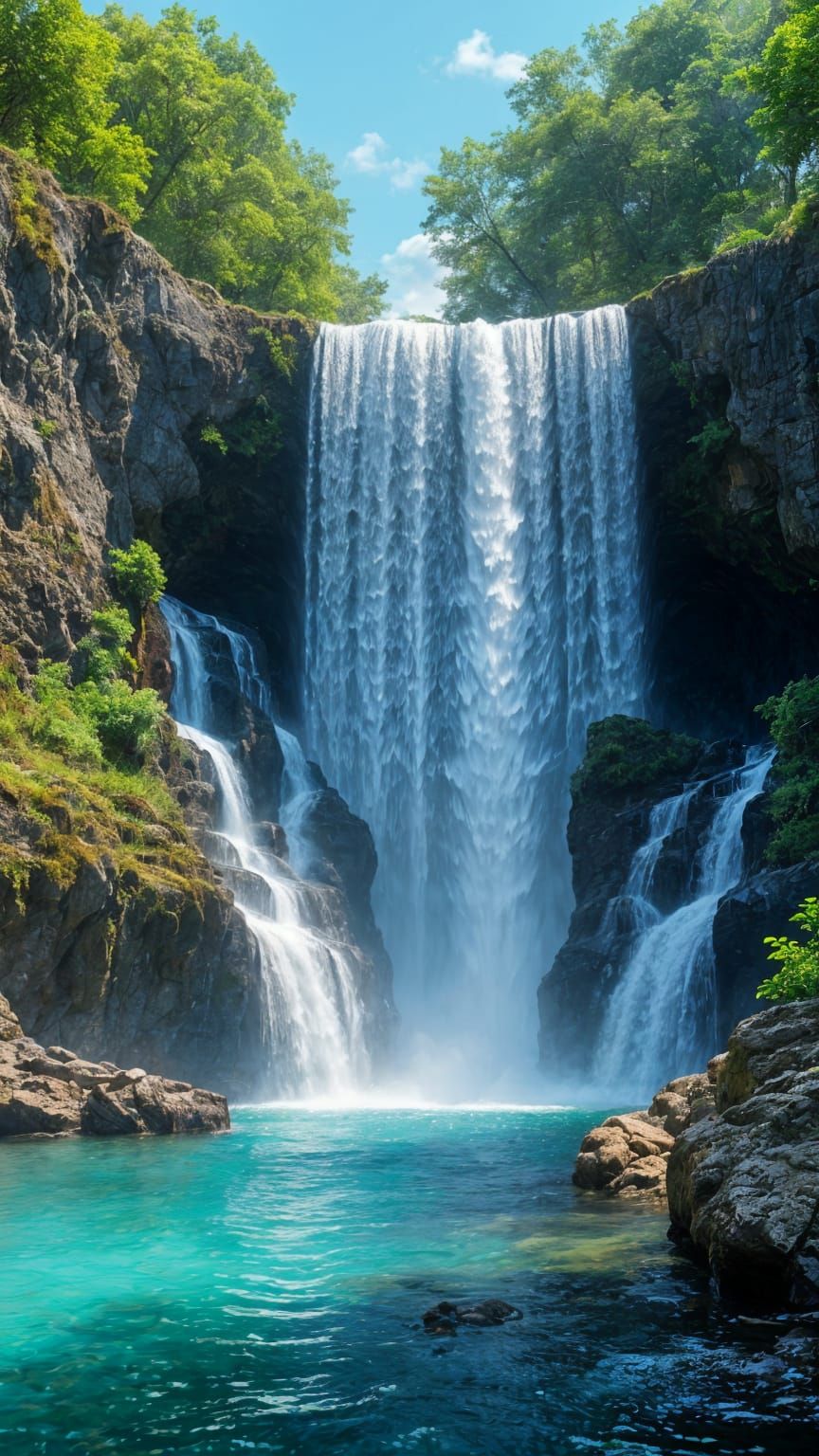 Vibrant Waterfall Scene in a Clear and Colourful Landscape