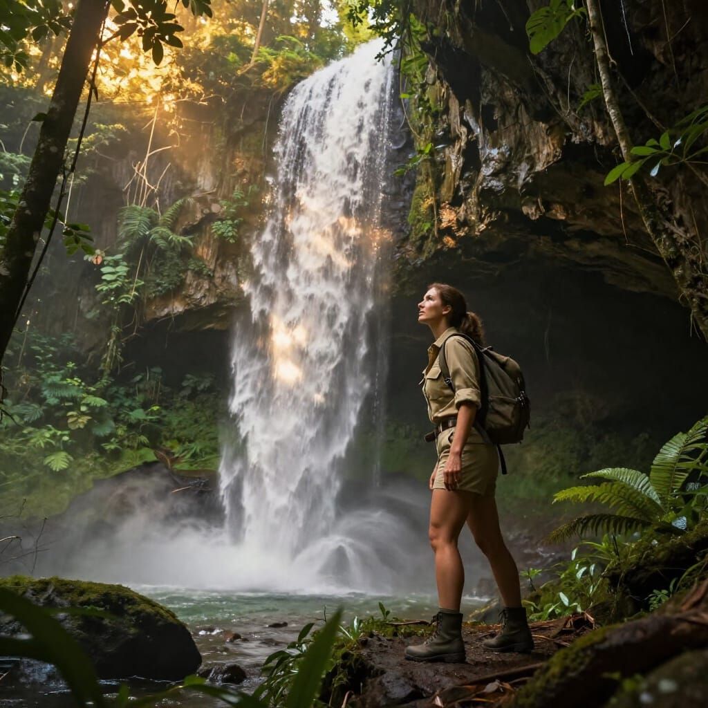 Adventurous Scout Explores Amazon Cave Behind Waterfall in G...