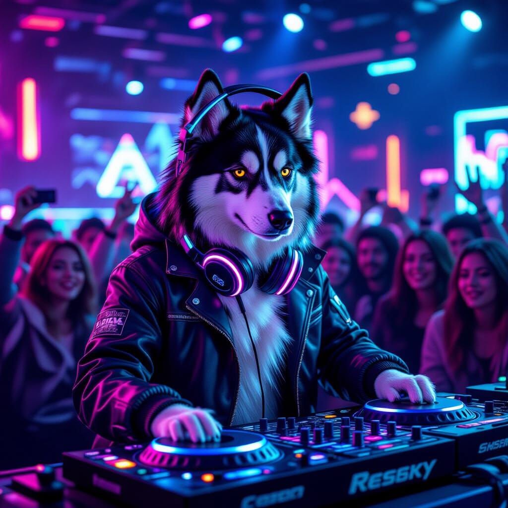 Cyberpunk Border Collie Husky Mix DJ