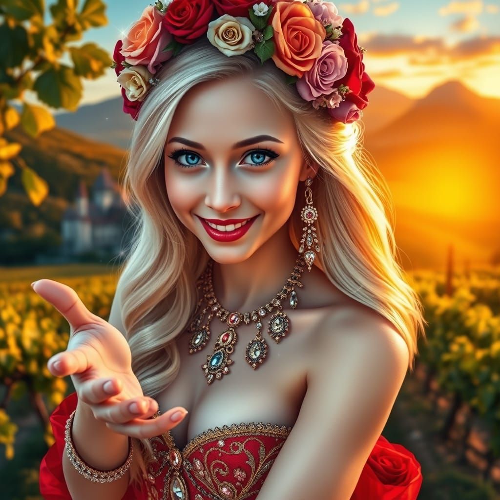 Young Woman in Vineyard Sunset Splendor
