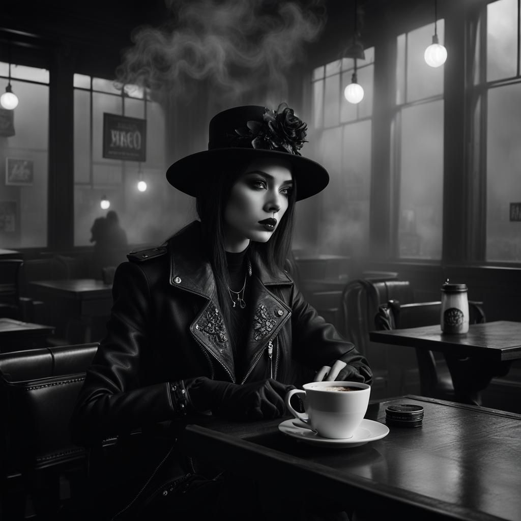 Goth Model in Smoky Coffee Shop: Black and White Photography