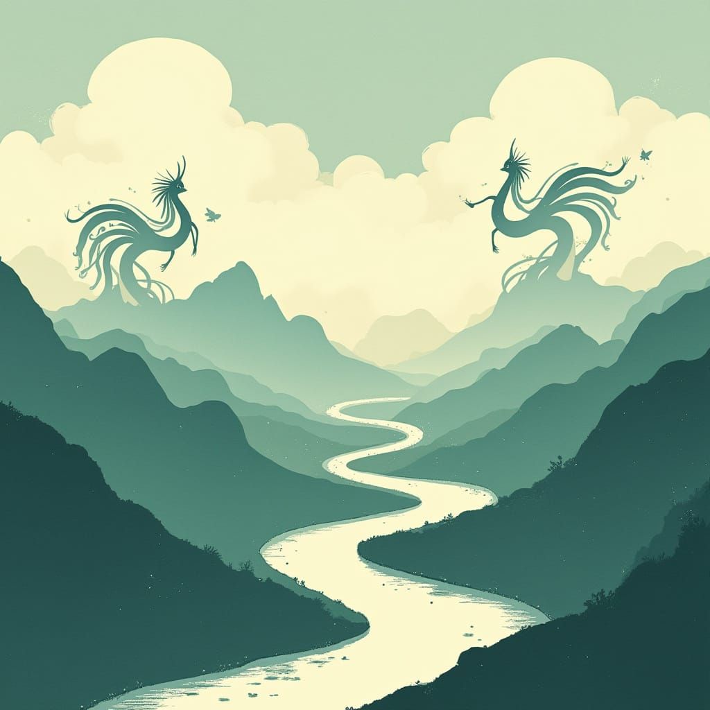 Poetic Landscape: Flowing Script and Dreamy Elegance