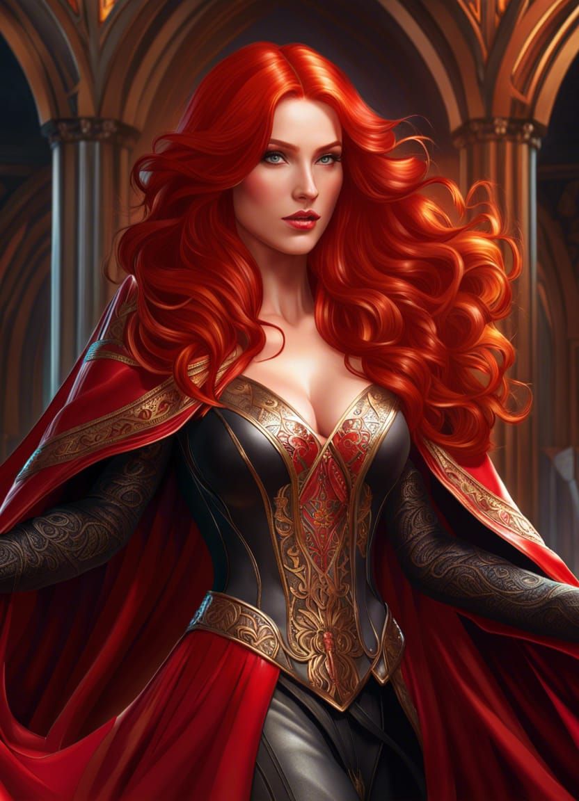 Elegant Woman with Flowing Red Hair in Hyperrealism