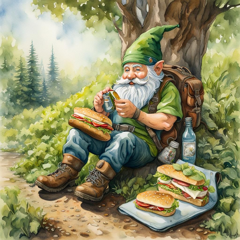 Gnome's Lunch Break in Steampunk Paradise Watercolor