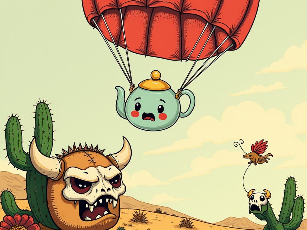 Kawaii Teapot's Desert Descent: A Whimsical Scene