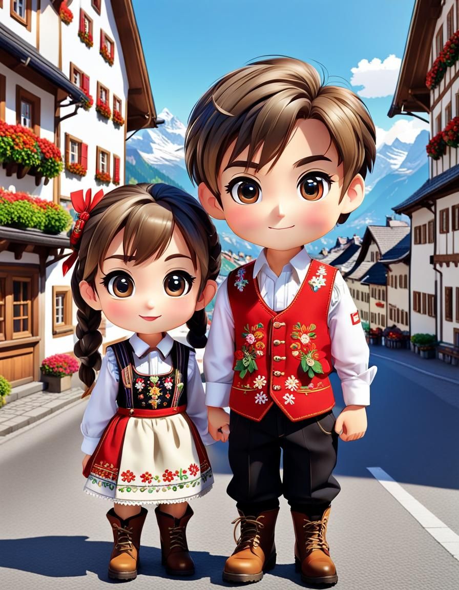 Chibi Characters in Traditional Swiss Outfits