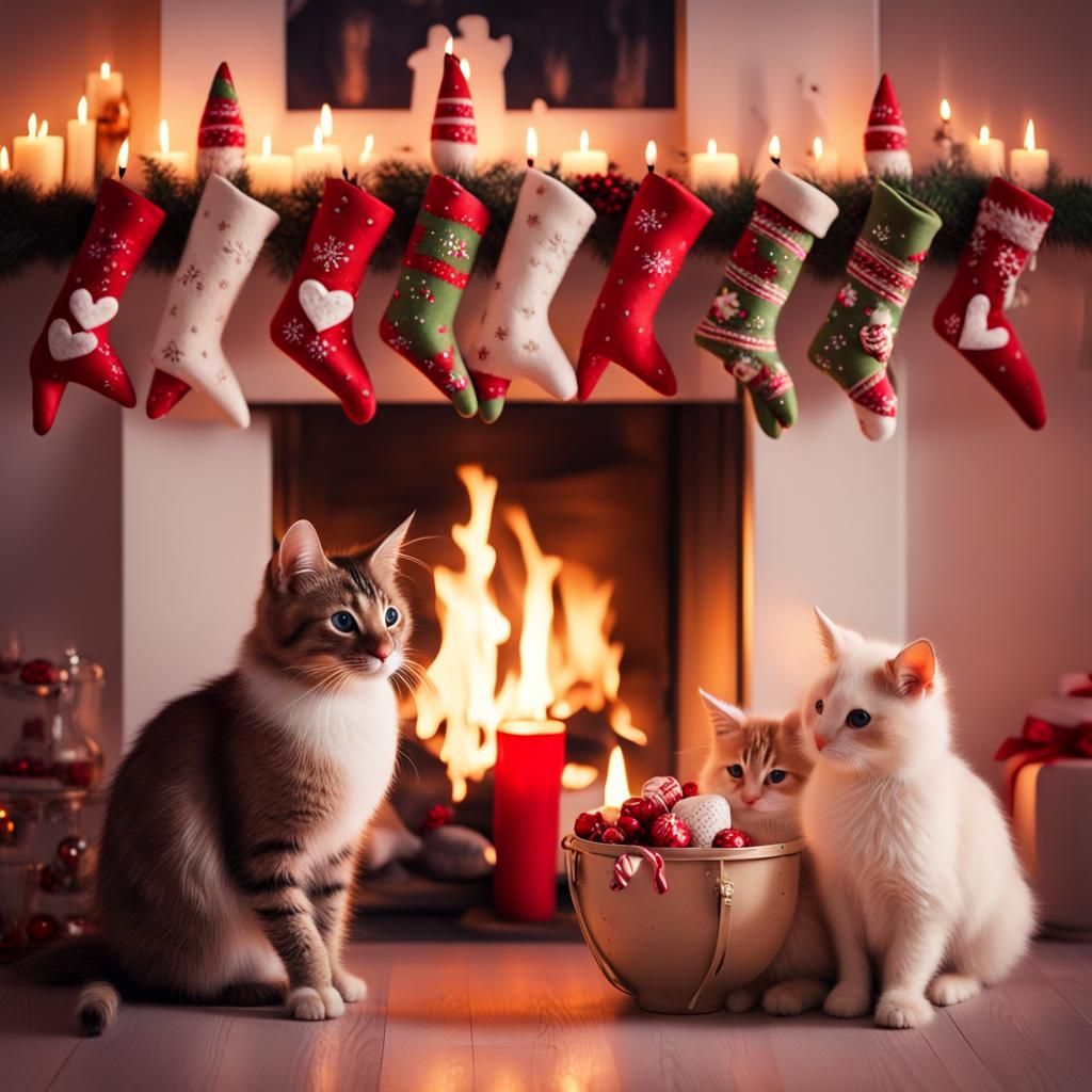 Cozy Christmas Scene with Cats and Bunnies