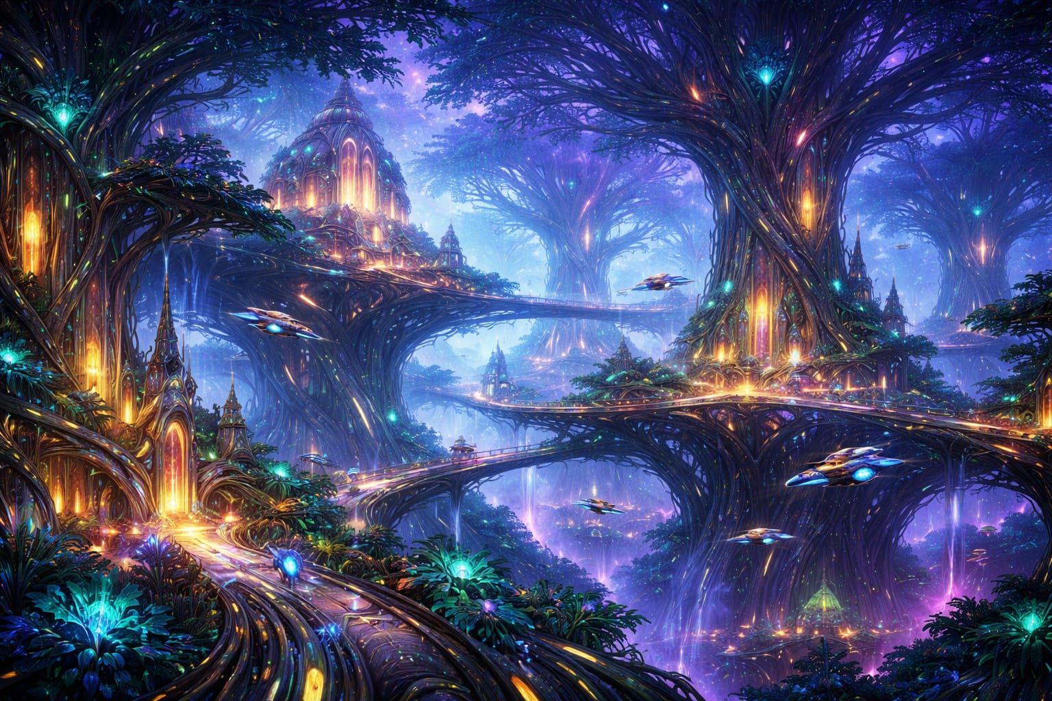 Alien Art Deco City in Bioluminescent Trees