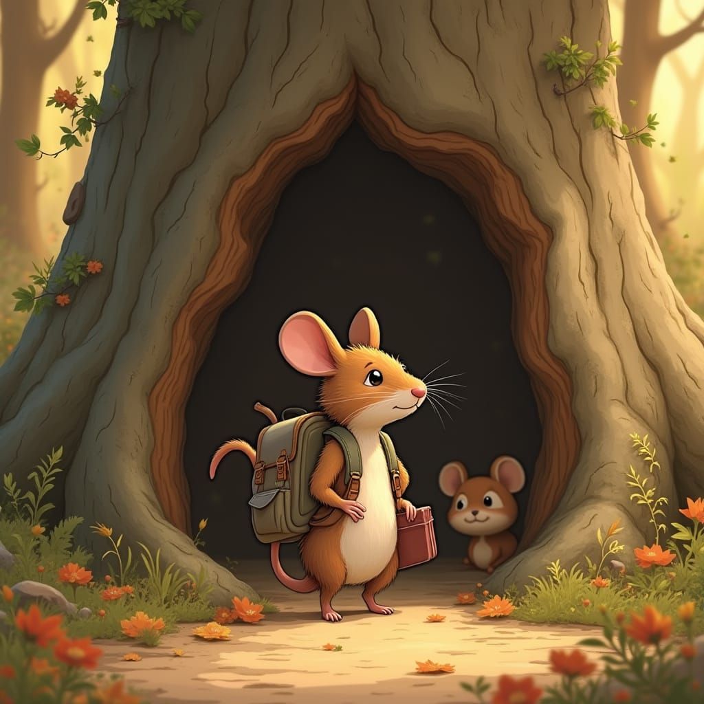 Mouse at Woodland School Doorway in Storybook Style
