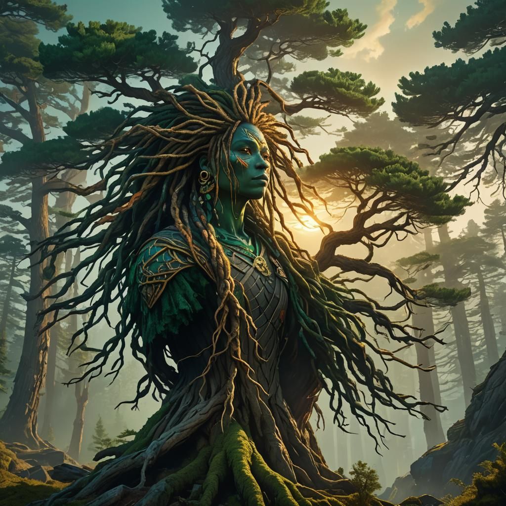 Fantasy Pine Tree with Flowing Dreadlocks