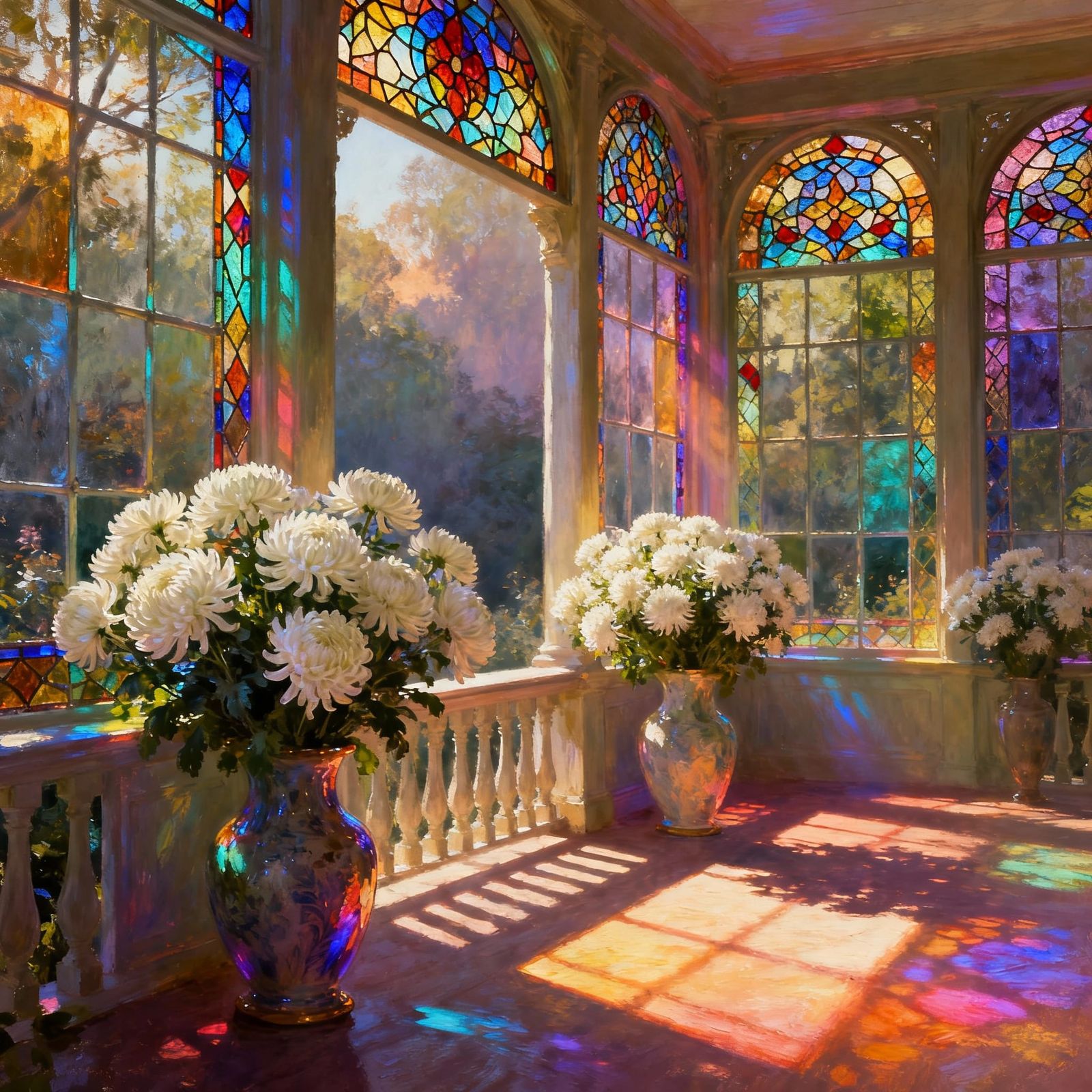 White Chrysanthemums on Sunlit Veranda with Stained Glass