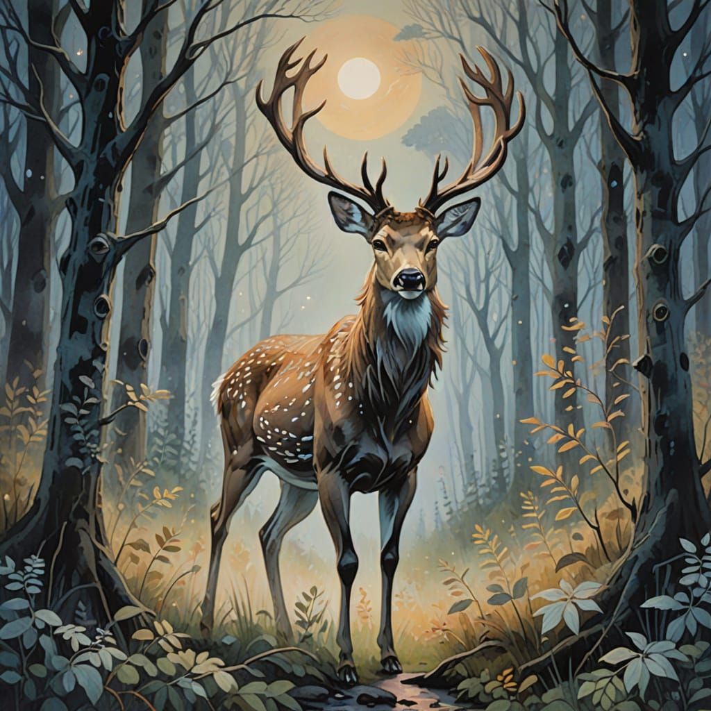 Ghostly Deer Stag in Ethereal Gouache Painting