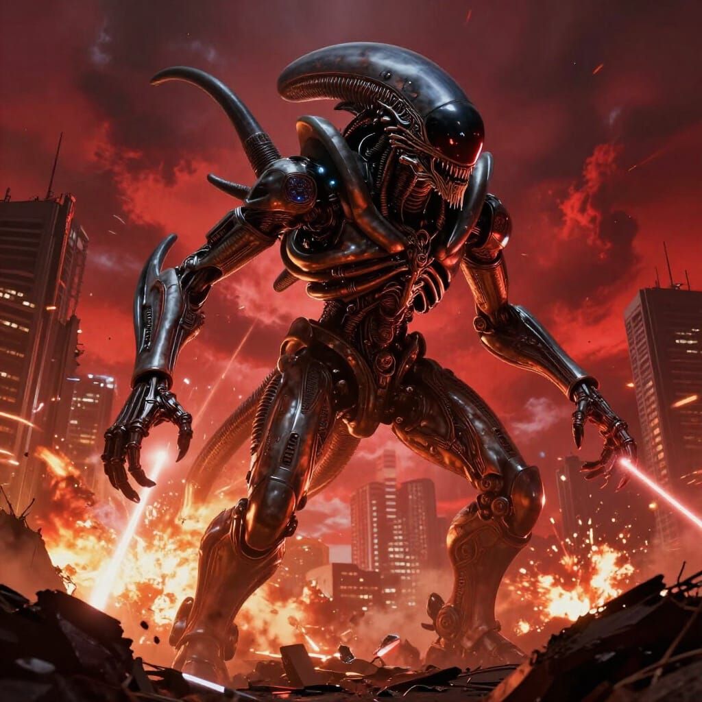 Epic Robot vs Alien War Machine in Ruined City