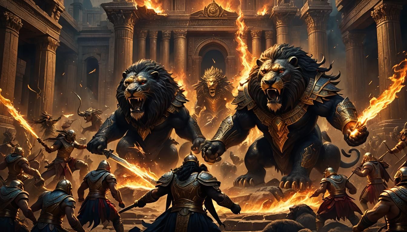 Epic Battle of Gods in a Burning Temple