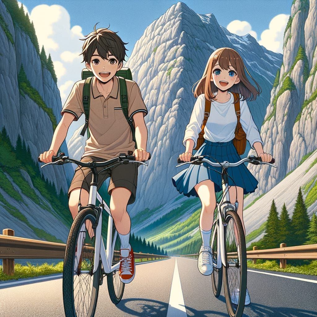 Anime Style Teens Cycling in a Mountain Valley