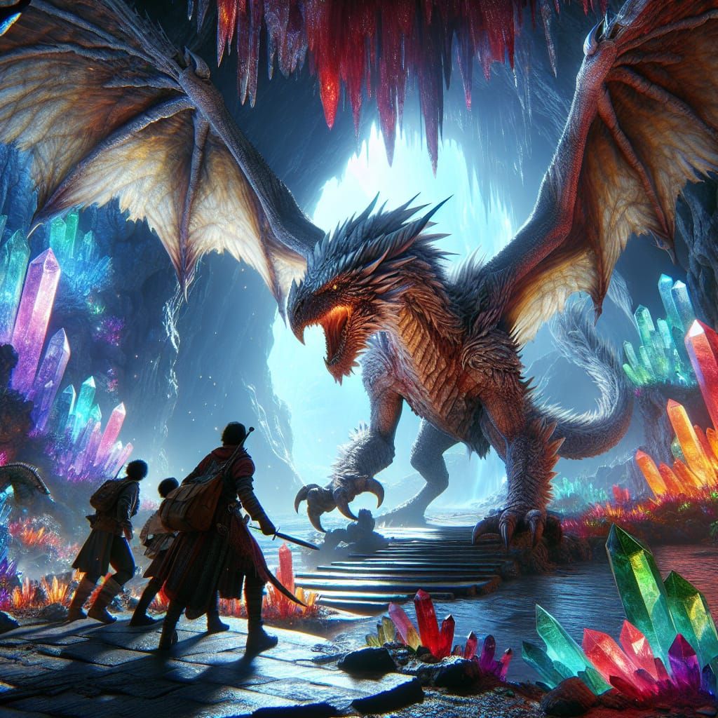 Epic Fantasy Dragon Encounter in a Vibrant Cave