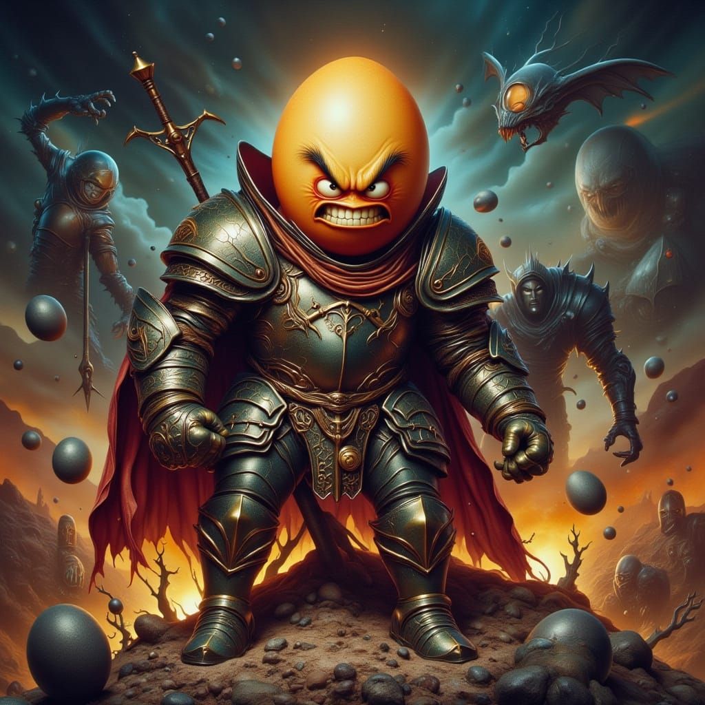 Armored Egg Warrior Slaying Knight in Dark Landscape