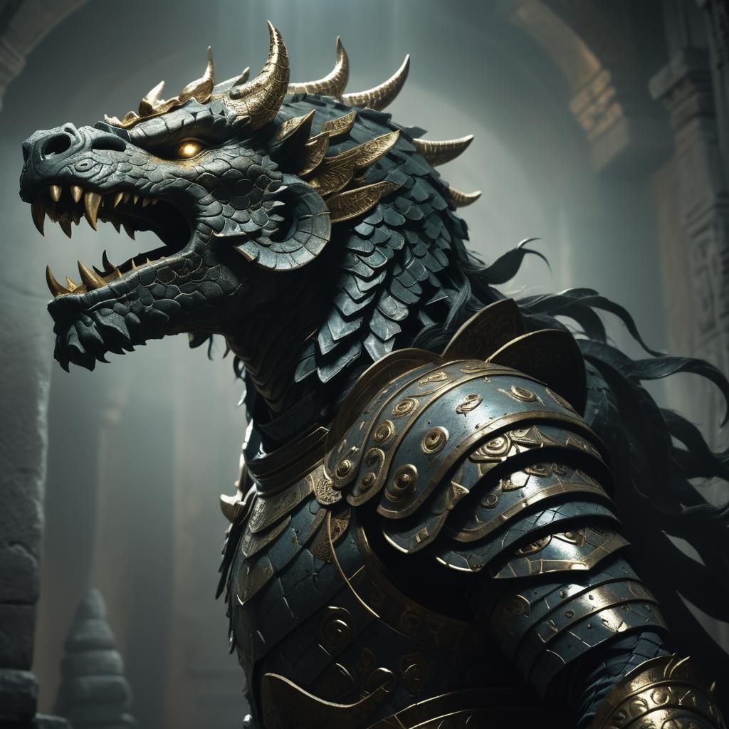 Armored Gorgon Ready for Battle in Dark Temple