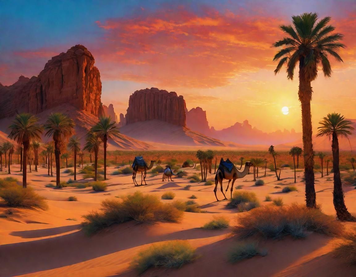 Desert Oasis Sunset in Hyperrealistic Impressionism