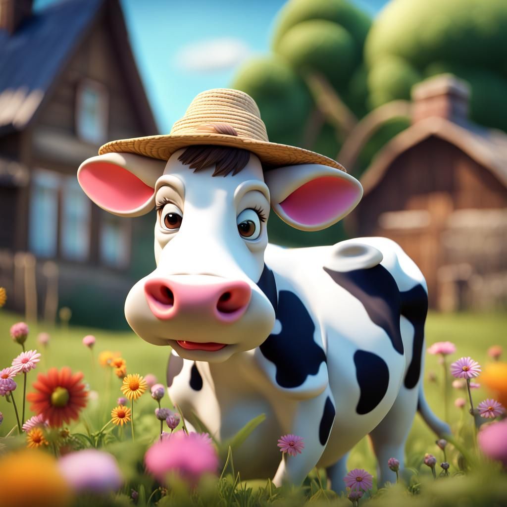 Cow with Flower and Mouse in Pixar Style