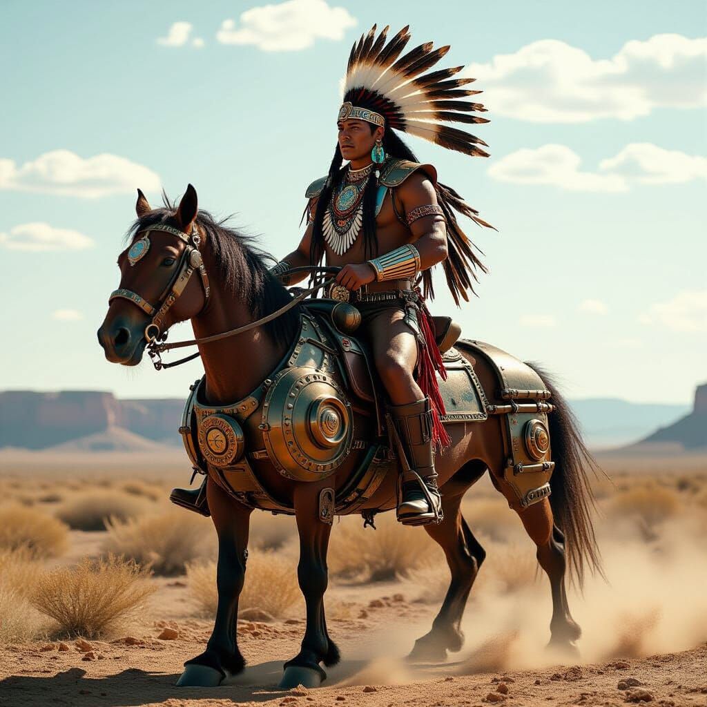Steampunk Native American Warrior on Mechanical Horse