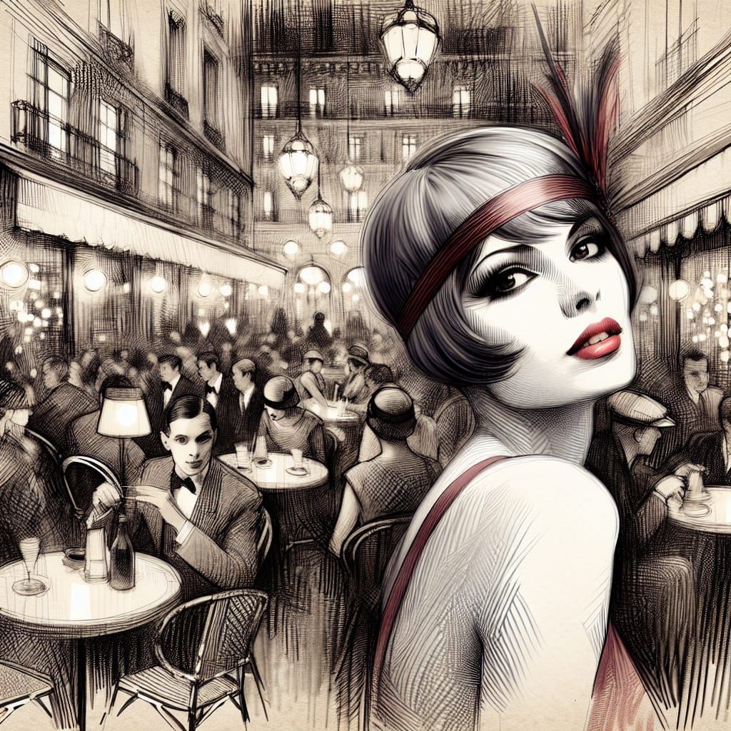 Parisian Cafe Scene in Art Deco Watercolor Style