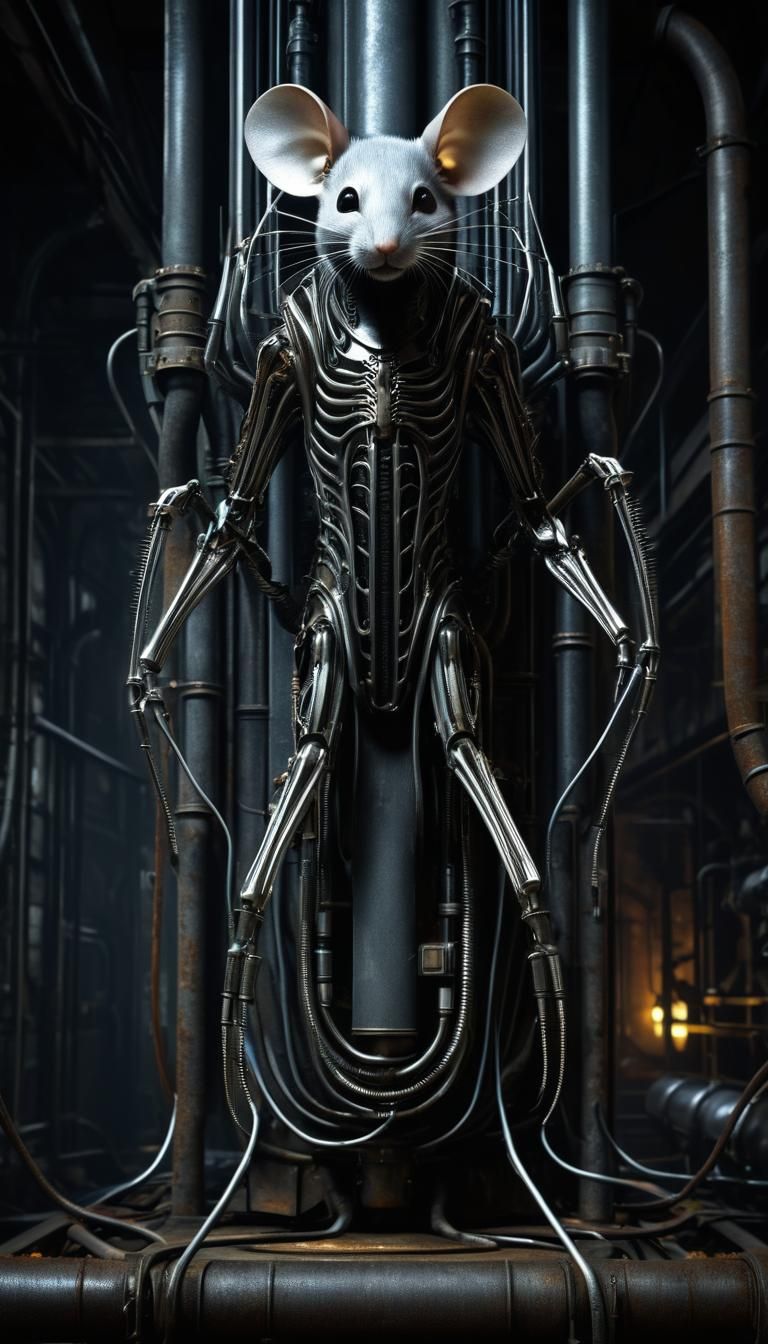 Mutated Mechanical Mouse in Biomechanical Horror Style