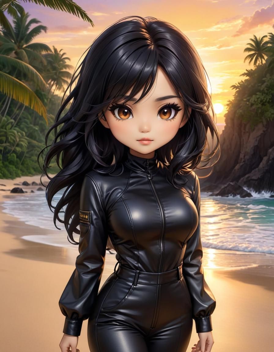 Charming Chibi Girl on Tropical Beach at Sunset